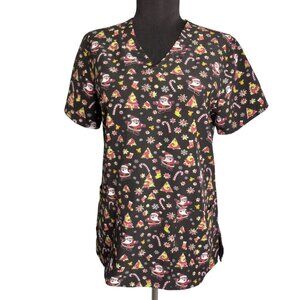 Christmas Size S Scrubs Scrub Top Santa Candy Cane Print Short Sleeve Holiday